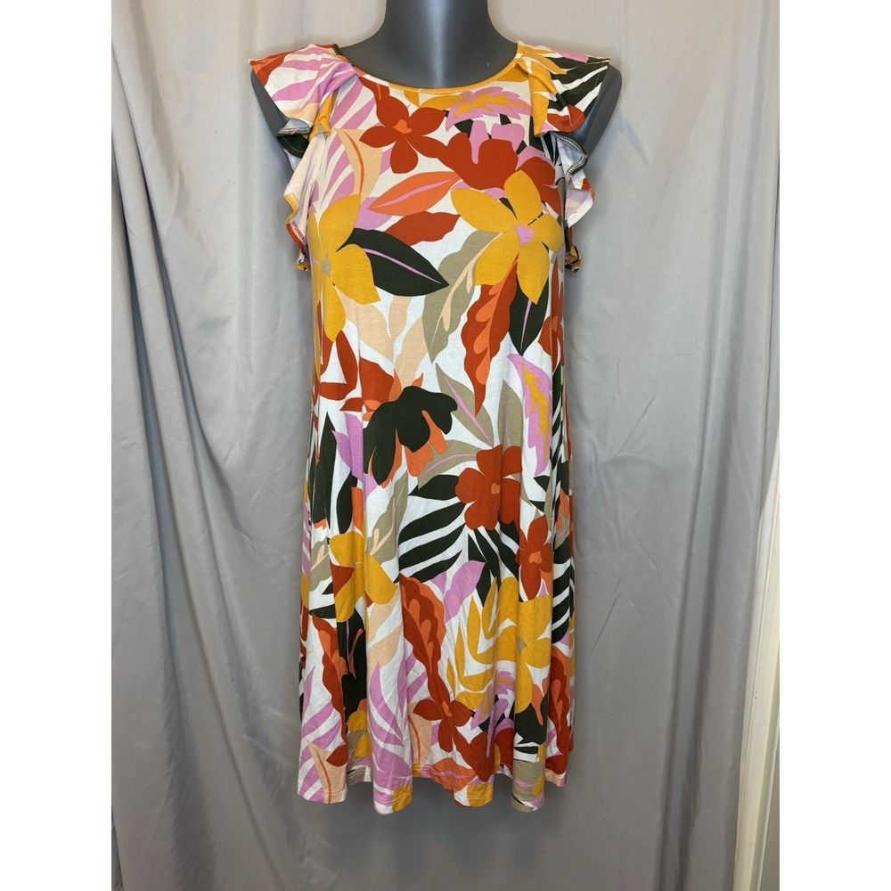 LOFT Tropical Floral Ruffle Sleeve Shift Dress XSP Resortwear Feminine Summer
